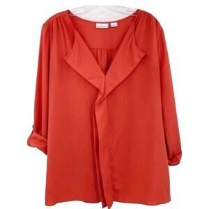 Liz Claiborne Women's Blouse M Coral Orange Shawl Collar Roll Tab Sleeve V Neck